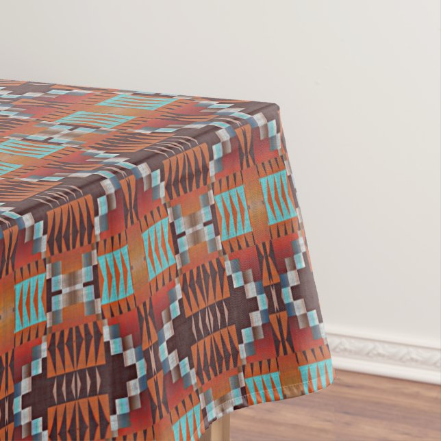 Turquoise Blue Rust Orange Red Brown Tribal Art Tablecloth (In Situ)