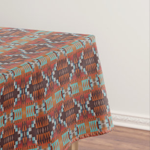 Turquoise Blue Rust Orange Red Brown Tribal Art Tablecloth