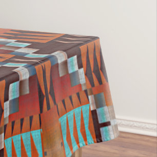 Turquoise Blue Rust Orange Red Brown Tribal Art Tablecloth