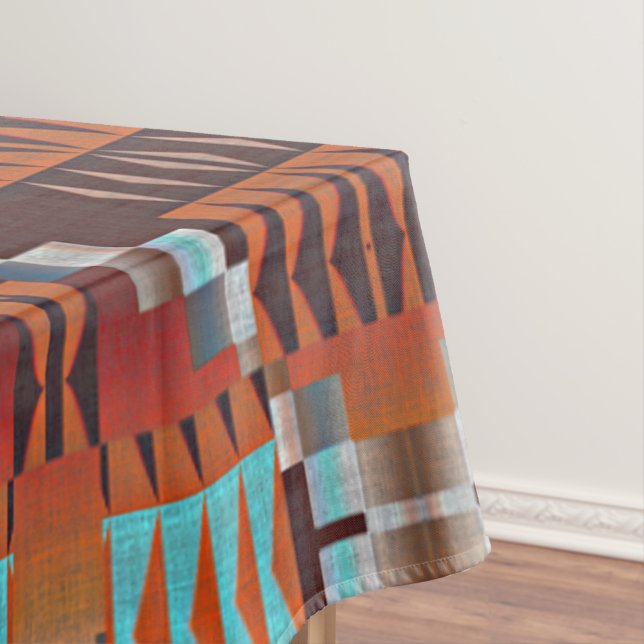 Turquoise Blue Rust Orange Red Brown Tribal Art Tablecloth (In Situ)