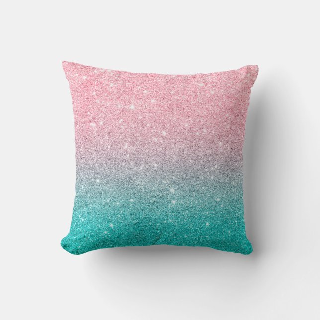Turquoise-Blue & Salmon Pink Sparkling Glitter Cushion (Front)