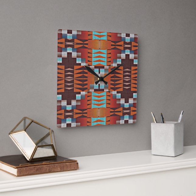Turquoise Blue Sienna Orange Red Brown Tribal Art Square Wall Clock (Office)
