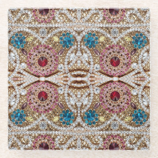 turquoise blue silver gold burgundy pink bohemian glass coaster (Front)