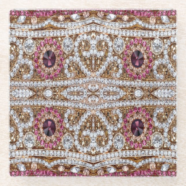 turquoise blue silver gold burgundy pink bohemian glass coaster (Front)