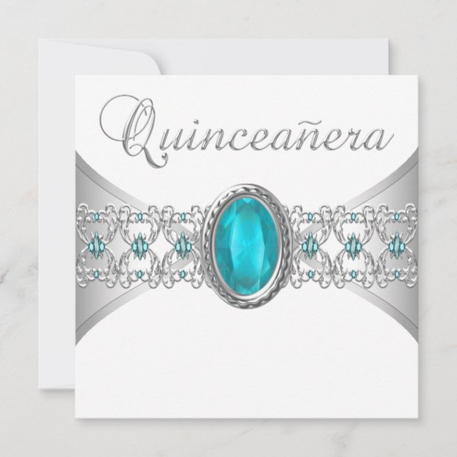 Turquoise Blue Silver Quinceanera Invitations (Front)