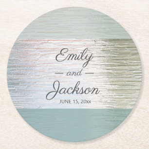 Turquoise Blue Silver Sea Glass Custom Wedding Round Paper Coaster
