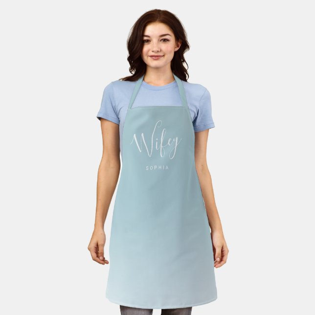 Turquoise blue simple personalised wifey apron (Worn)