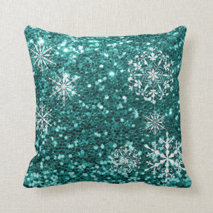 Turquoise Blue Snowflake Glitter Christmas Cushion