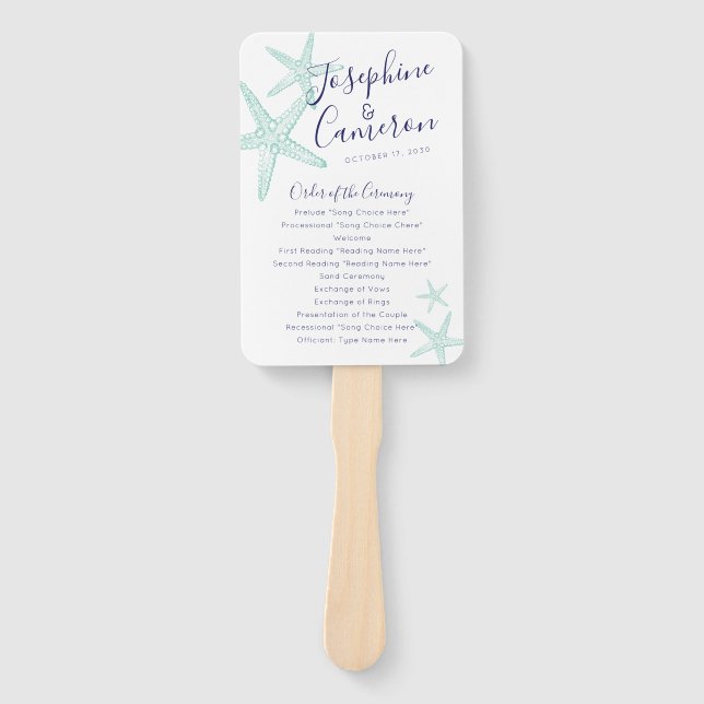 Turquoise Blue Starfish Beach Wedding Program Fan (Front)