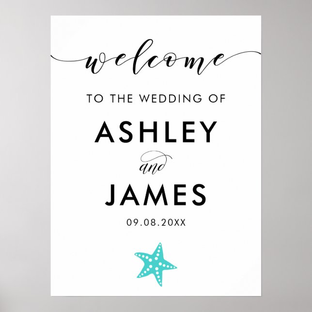 Turquoise Blue Starfish Wedding Welcome Sign (Front)