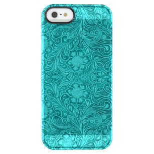 Turquoise Blue Suede Leather Look Embossed Flowers Clear iPhone SE/5/5s Case