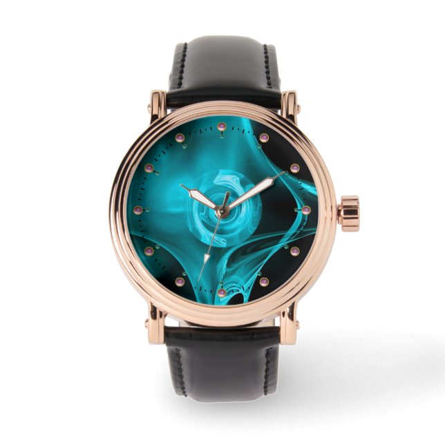 TURQUOISE BLUE TEAL FRACTAL ROSE WATCH (Front)