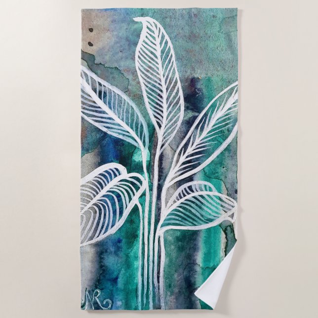  Turquoise Blue & Teal Modern Botanical Watercolor Beach Towel (Front)
