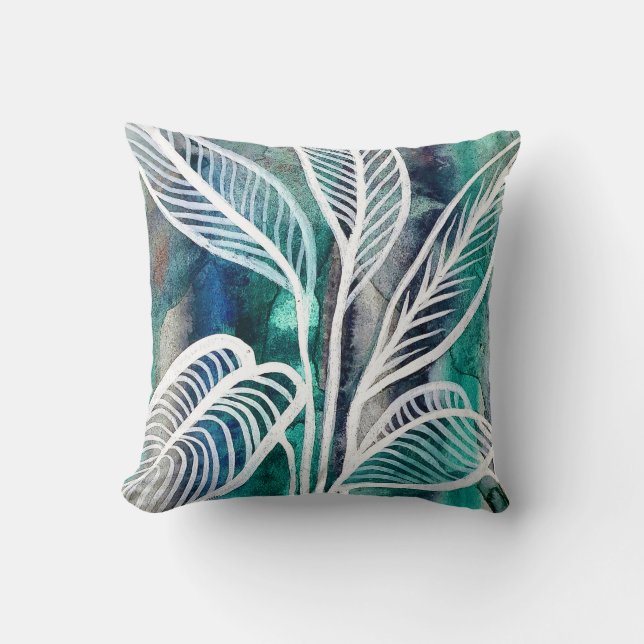  Turquoise Blue & Teal Modern Botanical Watercolor Cushion (Front)
