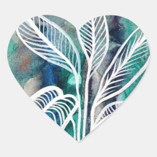 Turquoise Blue & Teal Modern Botanical Watercolor Heart Sticker