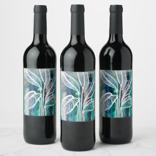 Turquoise Blue & Teal Modern Botanical Watercolor Wine Label