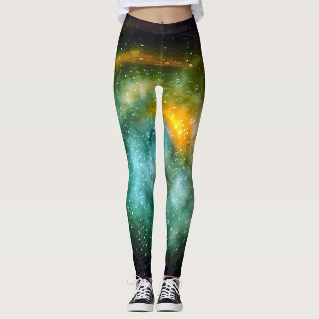 Turquoise blue teal orange galaxy stars photo bold leggings (Front)
