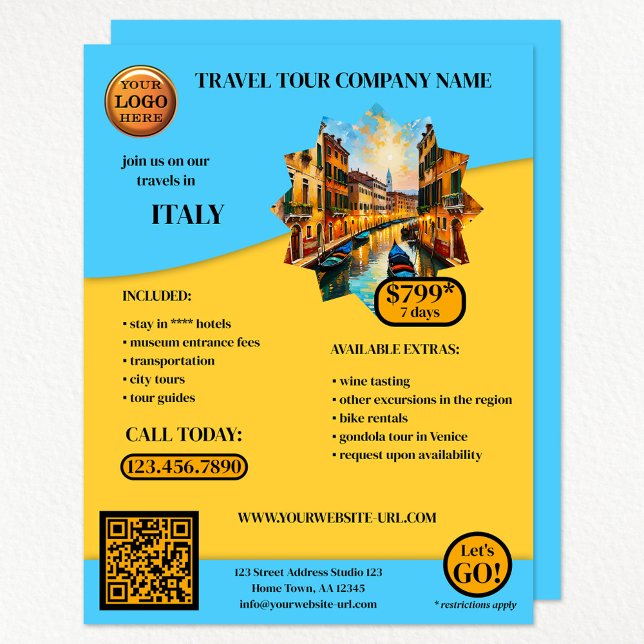 Turquoise Blue Travel Template Flyer (Eye catching travel agency flyer with your logo, QR code and photo on bright turquoise yellow)