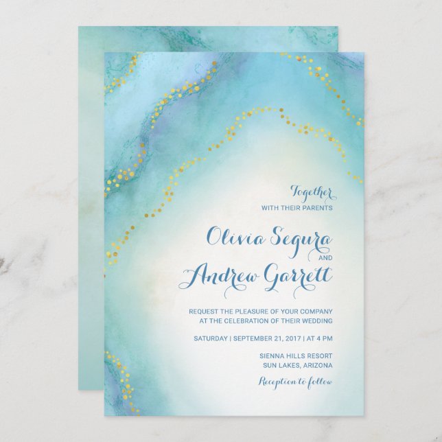 Turquoise Blue Watercolor Agate Wedding Invitation (Front/Back)