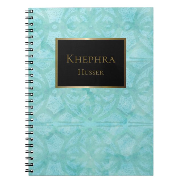 Turquoise Blue Watercolor Black And Gold Name Notebook (Front)