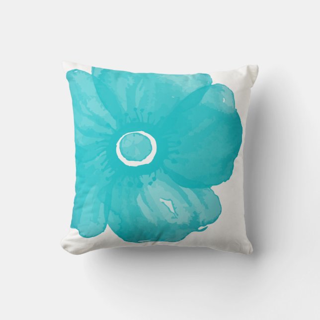 Turquoise Blue Watercolor Flower Pillow (Front)