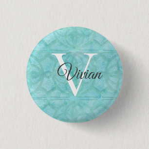 Turquoise Blue Watercolor Monogram Name 3 Cm Round Badge