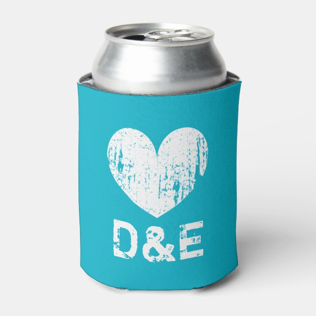 Turquoise blue wedding can cooler with cute heart (Can Front)
