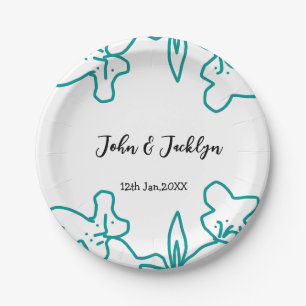 Turquoise blue wedding couple name date flstylish  paper plate