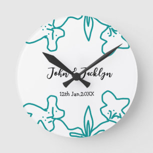 Turquoise blue wedding couple name date flstylish round clock