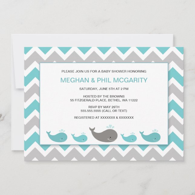 Turquoise Blue Whales Boy Baby Shower Invite (Front)