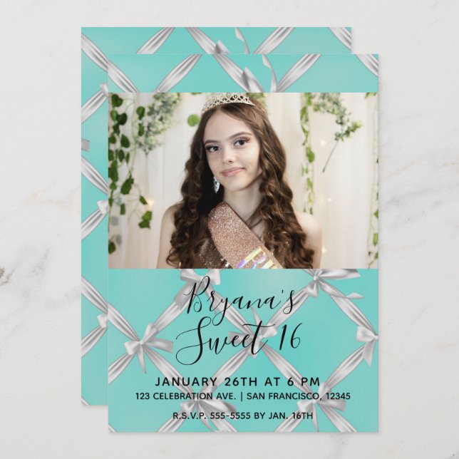 Turquoise Blue & White Bows Sweet 16 Party Photo Invitation (Front/Back)