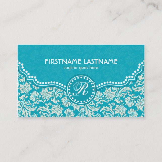Turquoise Blue & White Floral Damasks-Customised Business Card (Front)