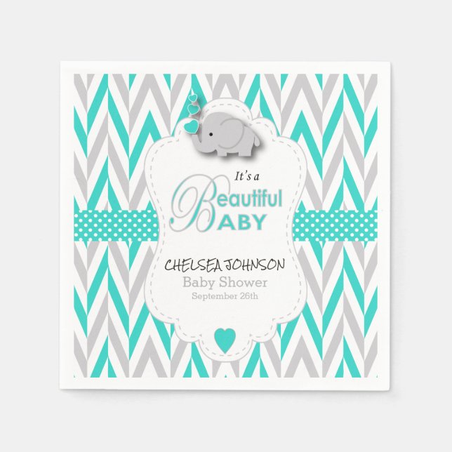 Turquoise Blue, White Grey Elephant Baby Shower Napkin (Front)