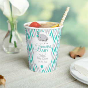 Turquoise Blue, White, Grey Elephant Baby Shower Paper Cups