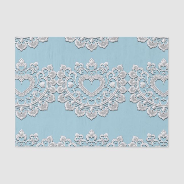 Turquoise Blue White Lace Heart Wedding Bridal Tissue Paper (Front)