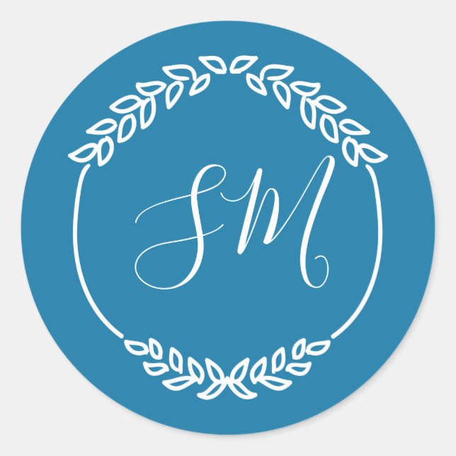 Turquoise Blue White Leaf Wreath Monogram Wedding Classic Round Sticker (Front)