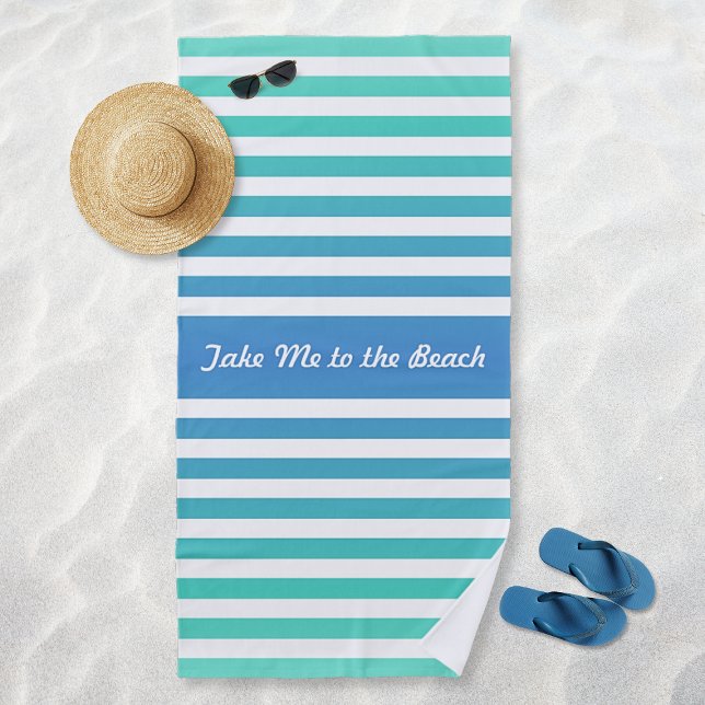 Turquoise Blue White Striped Personalised Beach Towel (Turquoise Blue White Striped Personalized Beach Towel)