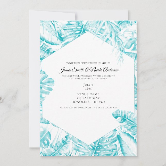 Turquoise Blue White Tropical Palm Leaves Wedding Invitation (Front)