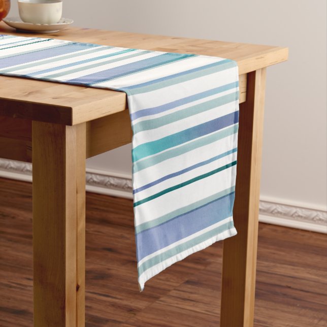 Turquoise Blue White Watercolor Stripes Medium Table Runner (In Situ)