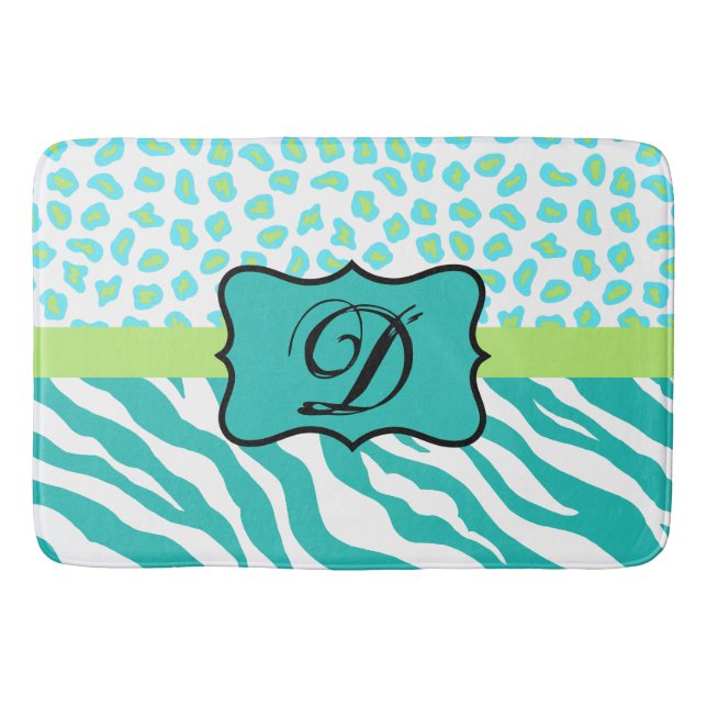 Turquoise Blue White Zebra Leopard Skin Monogram Bath Mat (Front)