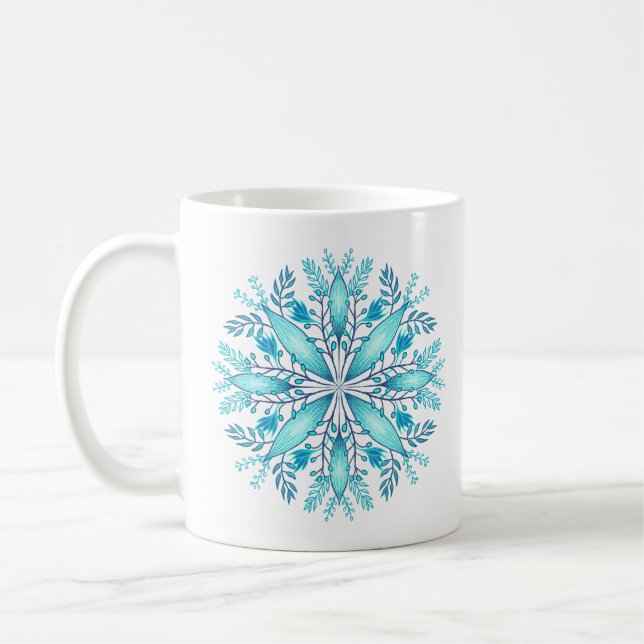 Turquoise Blue Winter Snowflake Flower Coffee Mug (Left)