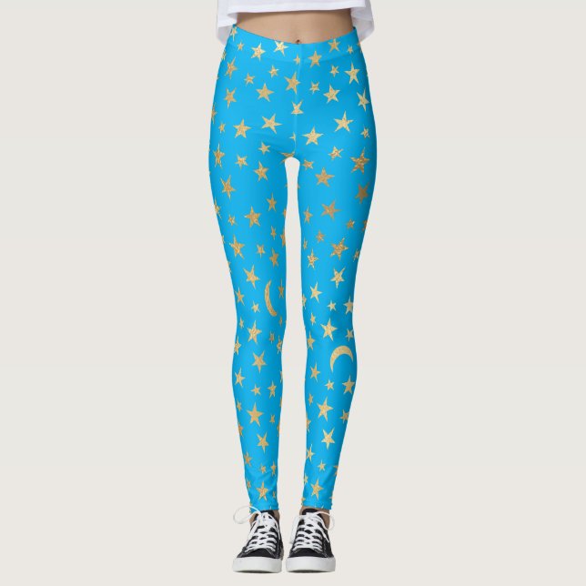 Turquoise Blue With Gold Foil Stars and Moons   Leggings (Front)