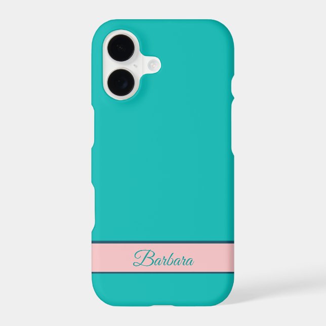 Turquoise Blue with Pink Name Label iPhone Case (Back)