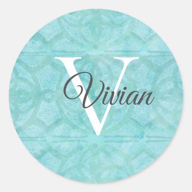  Turquoise Blue With White Monogram Name Classic Round Sticker (Front)