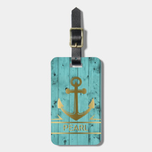 Turquoise Blue Wood Gold Nautical Anchor Travel Luggage Tag
