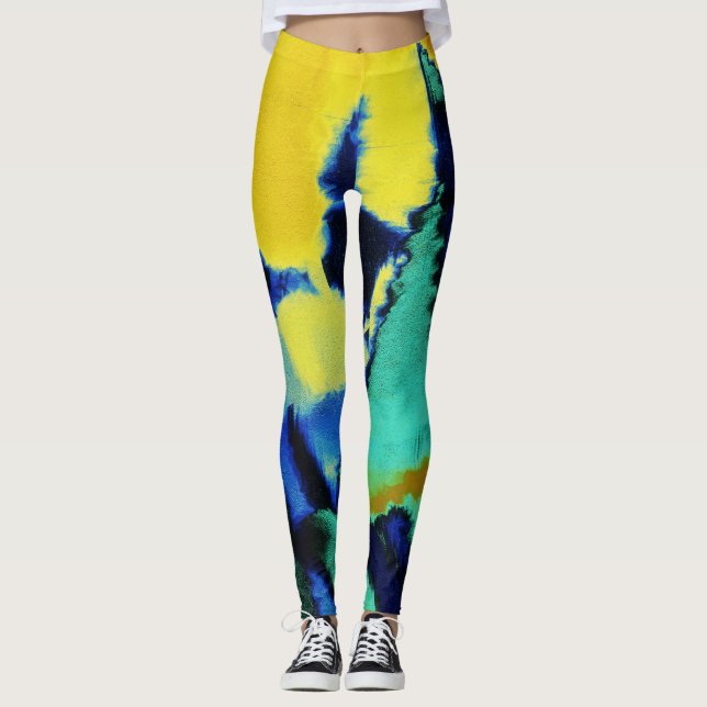 Turquoise Blue Yellow Paint Splatter Leggings (Front)