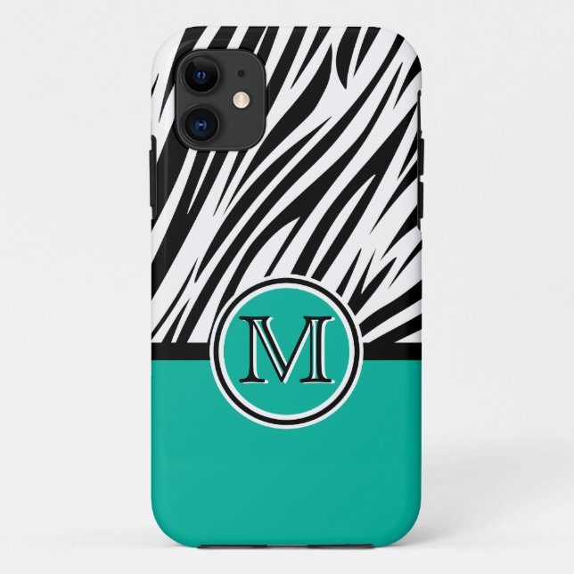 Turquoise Blue Zebra Monogram Pattern Case-Mate iPhone Case (Back)