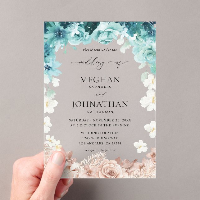 Turquoise & Blush Pink Floral Wedding Acrylic Invitations (Insitu (Handheld))