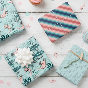 Turquoise & Blush Pink Mexican Salamander Axolotl Wrapping Paper Sheet