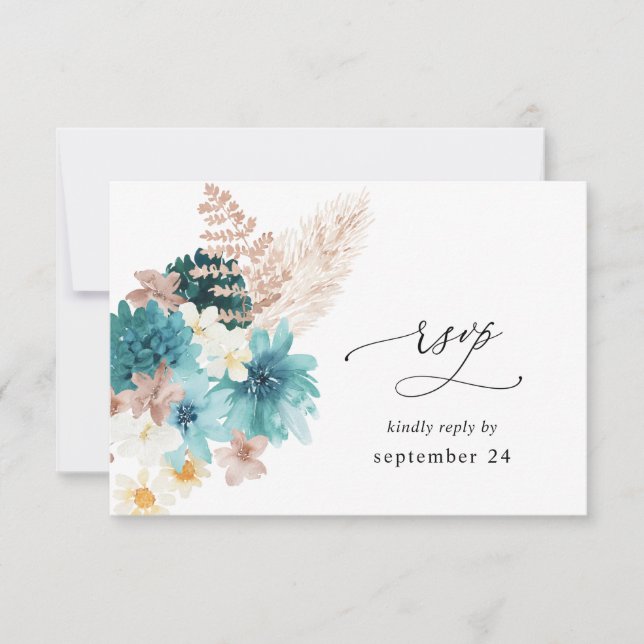 Turquoise & Blush Pink w Meal RSVP 2 Card (Front)